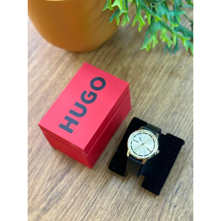 Relógio Hugo Caixa Gold com Pulseira de Couro | Original com NF