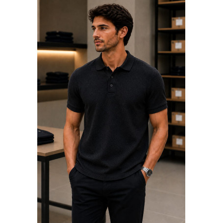 Polo K&J Black Textura Tricot London Masculina Elegante e Confortável