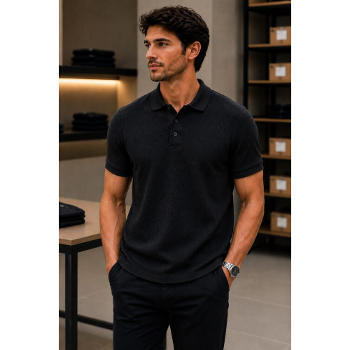 Polo K&J Black Textura Tricot London Masculina Elegante e Confortável